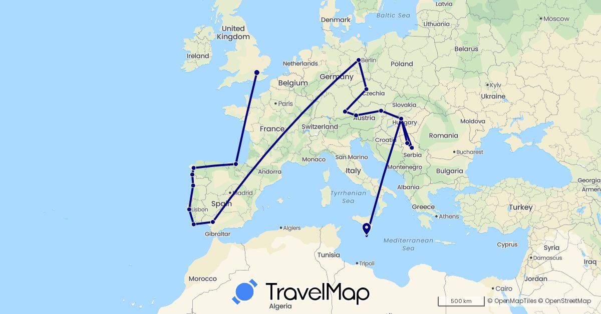 TravelMap itinerary: driving in Austria, Czech Republic, Germany, Spain, United Kingdom, Hungary, Malta, Portugal, Serbia (Europe)